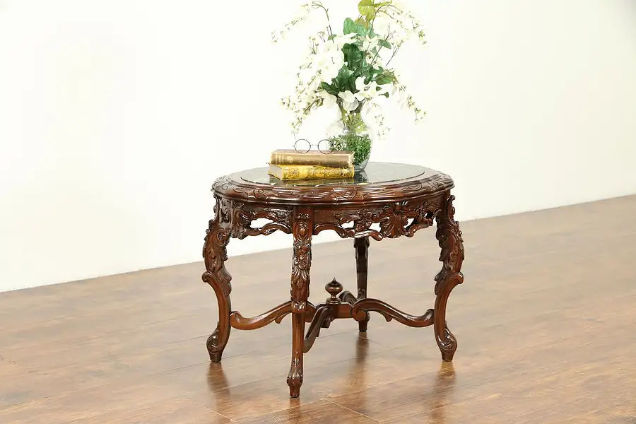 Main image of Carved Walnut Antique Oval Coffee Table, Black Portoro Nero Marble