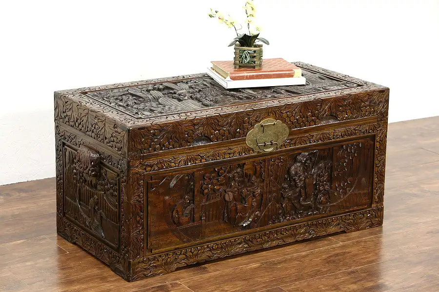 Main image of Chinese Hand Carved Vintage Camphor Wood Linen Trunk, Dowry Chest, Coffee Table