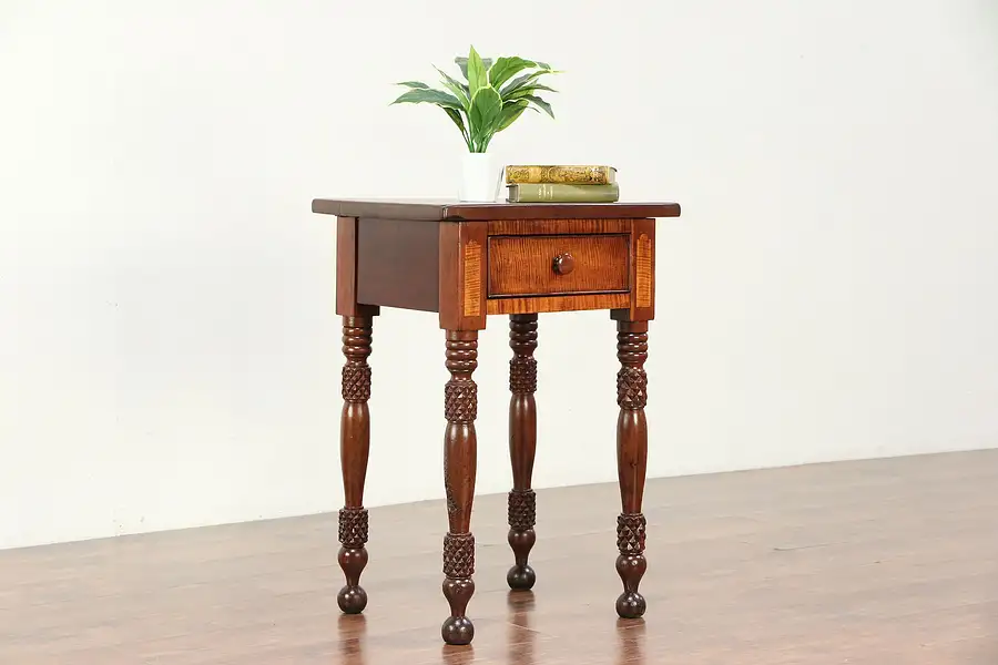 Main image of Cherry & Tiger Maple Carved Antique 1830 Lamp Table or Nightstand