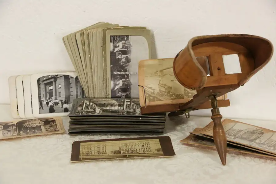 Main image of Stereoscope 1890's Antique Stereo Viewer, 40 Photograph Cards