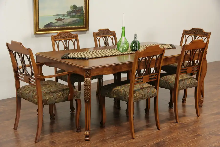 Main image of Regency Style Carved 1940's Vintage Dining Set, Table, 2 Leaves, 6 Chairs