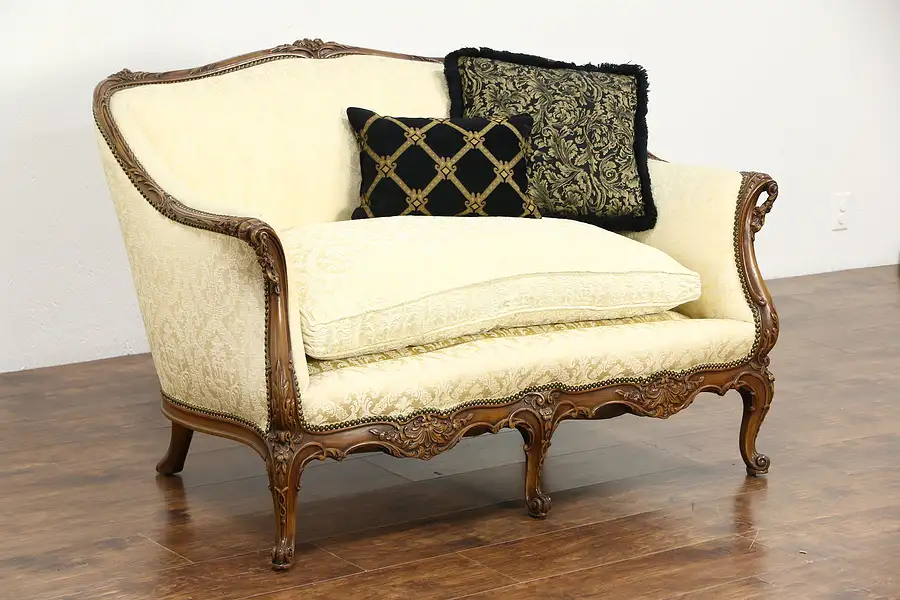 Main image of French Style Carved Vintage Loveseat or Setee, Down Cushion, Recent Upholstery