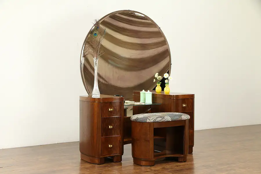 Main image of Midcentury Modern Vintage Walnut Vanity, Mirror & Bench, New Upholstery