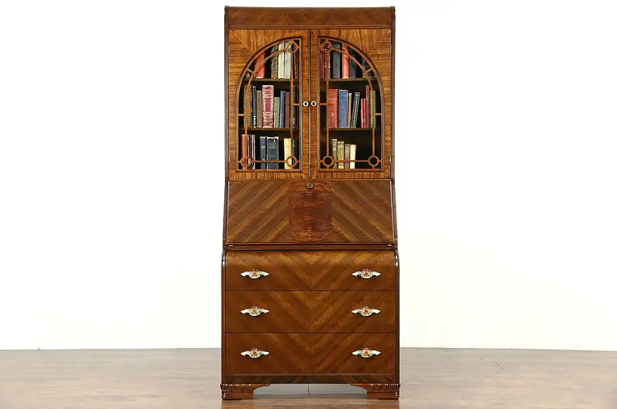 Main image of Art Deco Waterfall Design 1935 Vintage Secretary Desk & Bookcase, Glass Doors