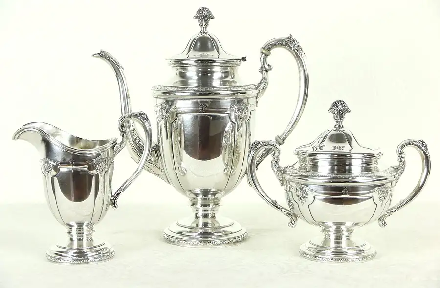 Main image of Towle Signed Sterling Silver 1920 Antique 3 Pc. Coffee Set Louis XIV Pattern