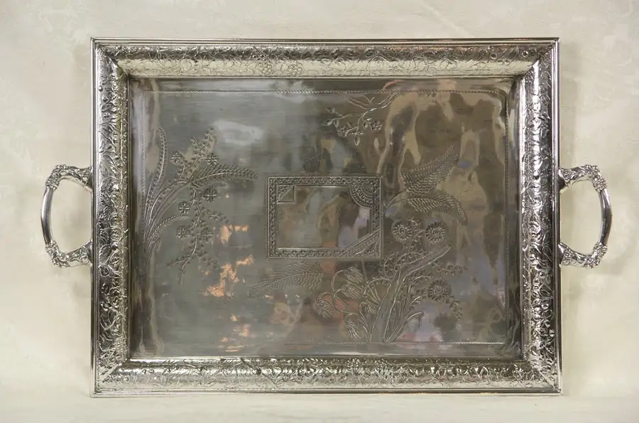 Main image of Victorian Silverplate Engraved 1890 Antique Tray