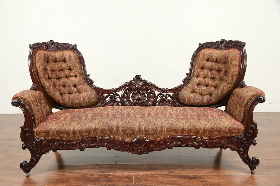 Main image of Victorian Antique 1860's Hand Carved Rosewood Sofa, Recent Upholstery