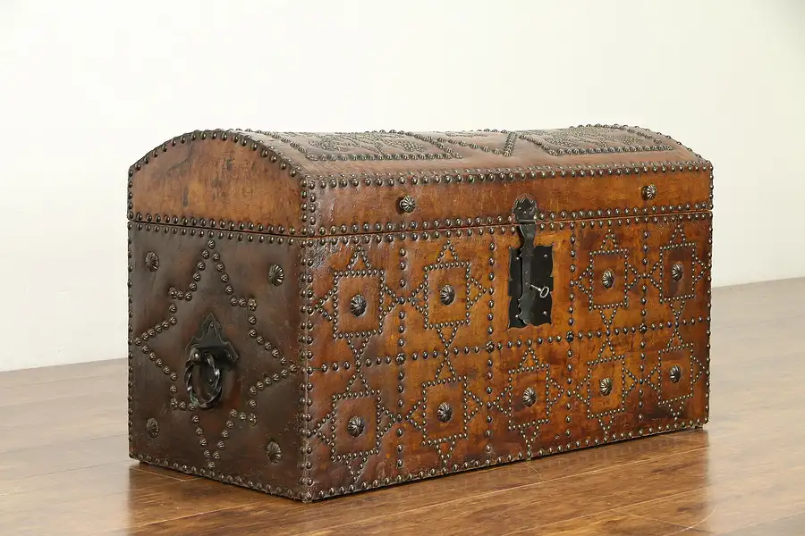 Main image of Leather Antique Dutch Treasure Chest or Trunk, Brass Studs, Iron Mounts