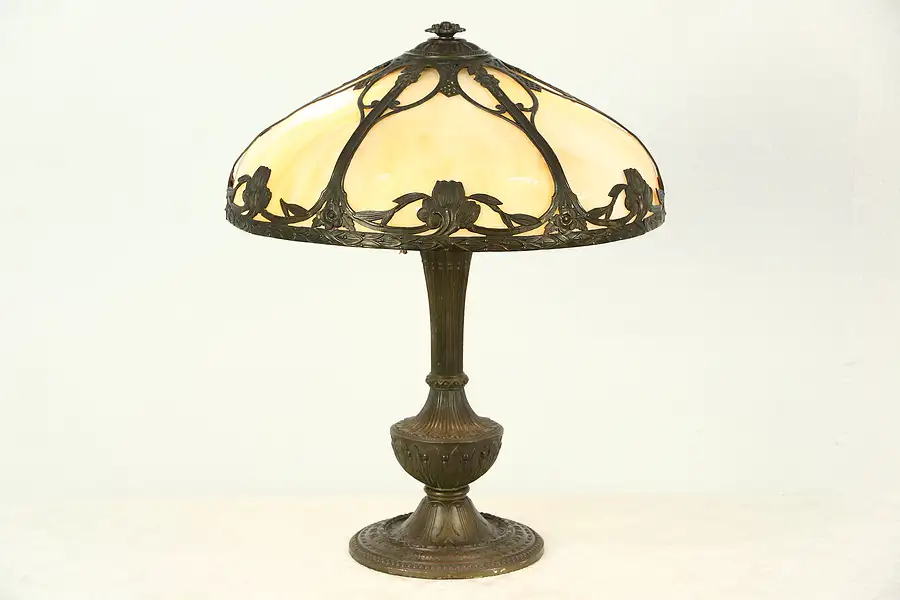 Main image of Lamp with Curved Stained Glass Panel Shade, 1915 Antique Signed Miller