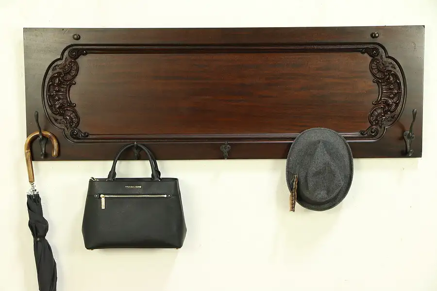 Main image of Mahogany Carved Hanging Coat or Hat Hall Rack, Antique Piano Salvage