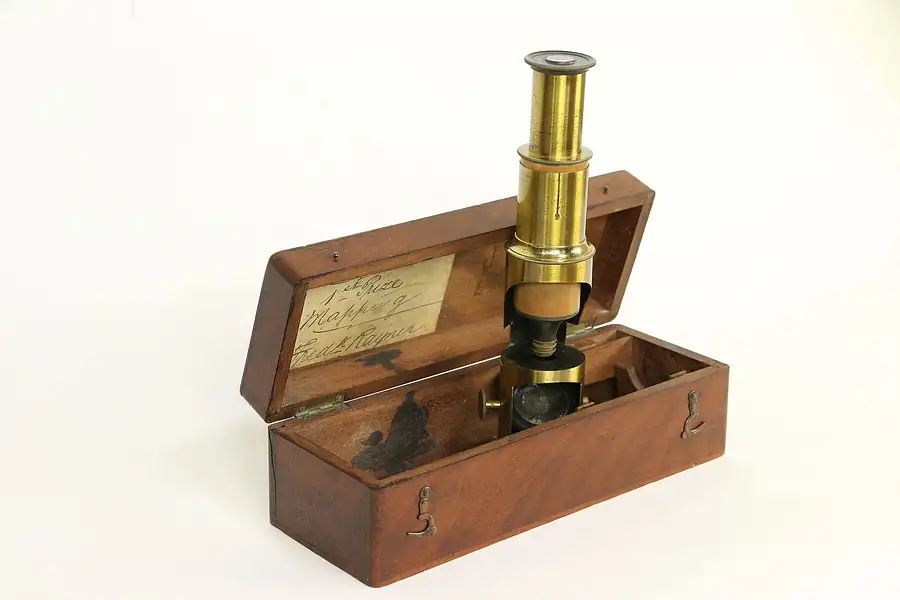 Main image of English Antique Brass Microscope, Inscription Wapping, Mahogany Case