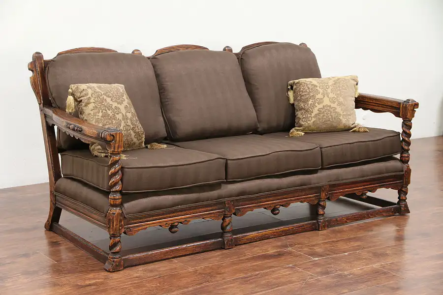 Main image of English Tudor Antique Carved Oak Club Sofa, Kittinger, New Upholstery