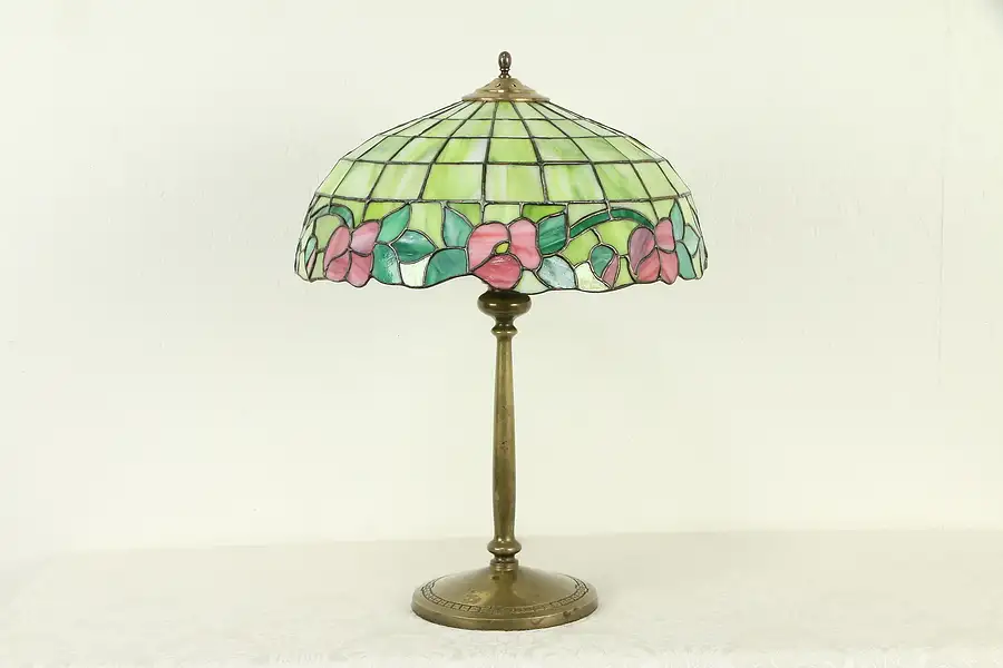 Main image of Leaded Stained Glass Shade Antique Lamp, Brass Base