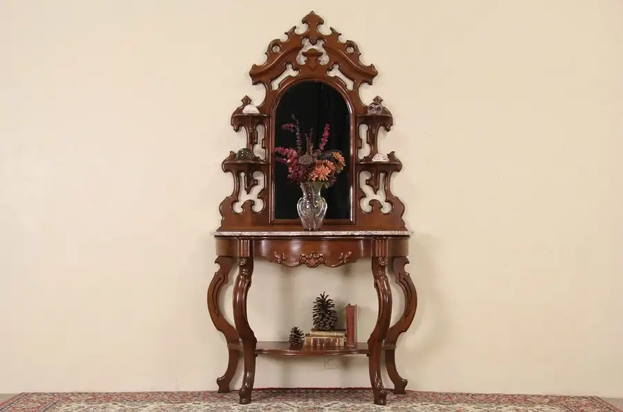 Main image of Victorian 1850's Antique Carved Walnut Etagere Display, Marble Top & Mirror