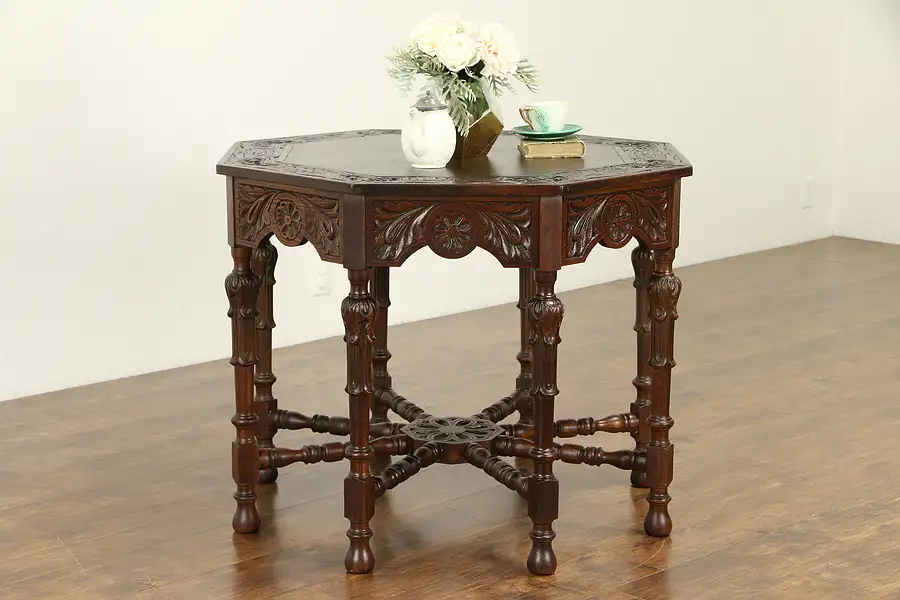 Main image of English Tudor Carved Oak Octagonal Antique Lamp or Hall Center Table