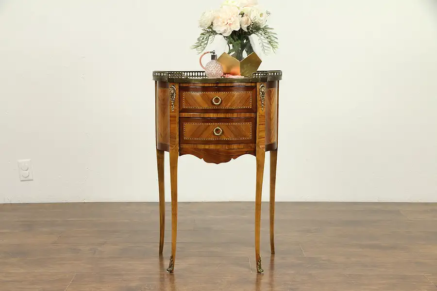 Main image of French Marble Top Antique Rosewood Marquetry Nightstand or End Table