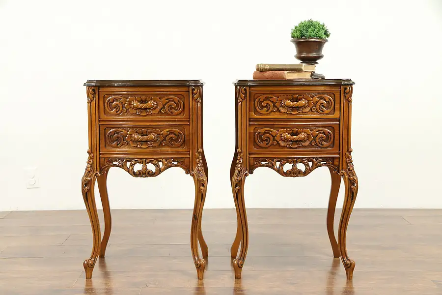 Main image of Pair of Inlaid Marquetry Antique Carved Nightstands, Lamp or End Tables