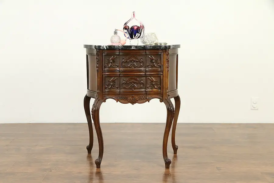 Main image of French Style Antique Nightstand, Chest or Lamp Table, Black Marble Top