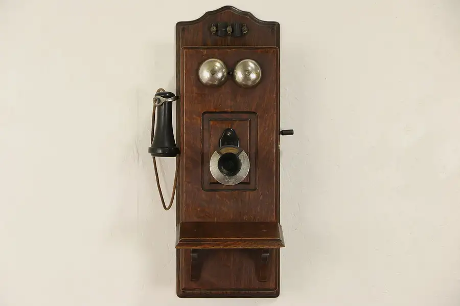 Main image of Oak 1900's Antique Wall Telephone, Generator & Bell, Signed Stromberg Carlson