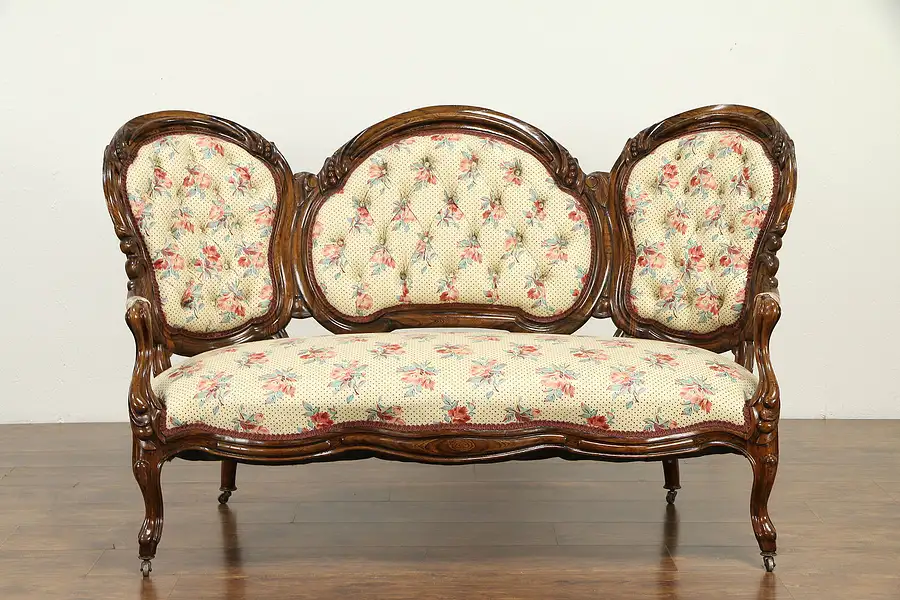 Main image of Victorian Antique Faux Rosewood Carved Walnut Sofa, Recent Upholstery