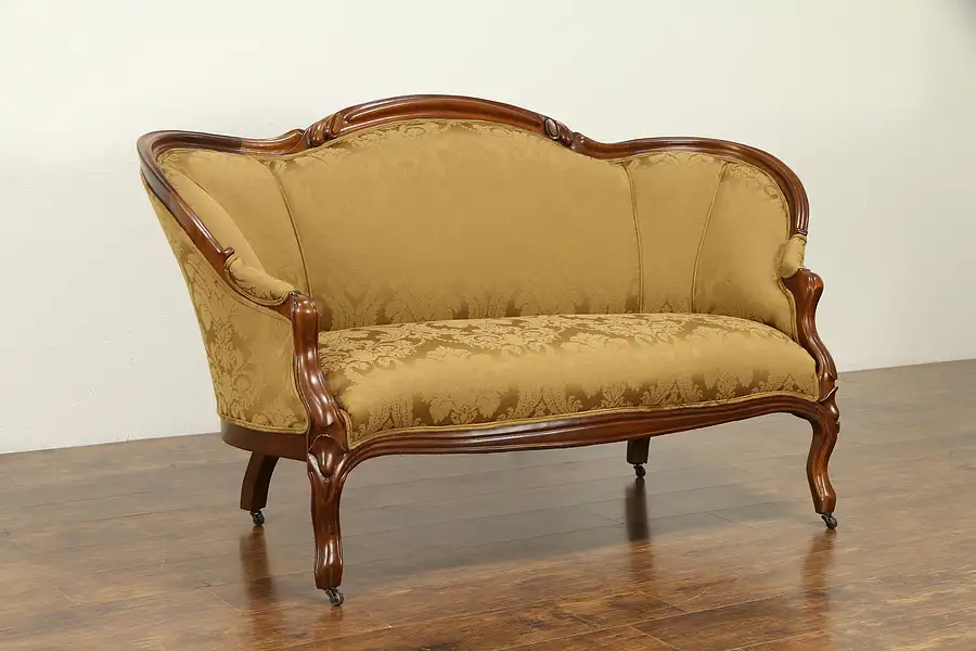 Main image of Victorian Antique Finger Carved Walnut Loveseat, New Upholstery