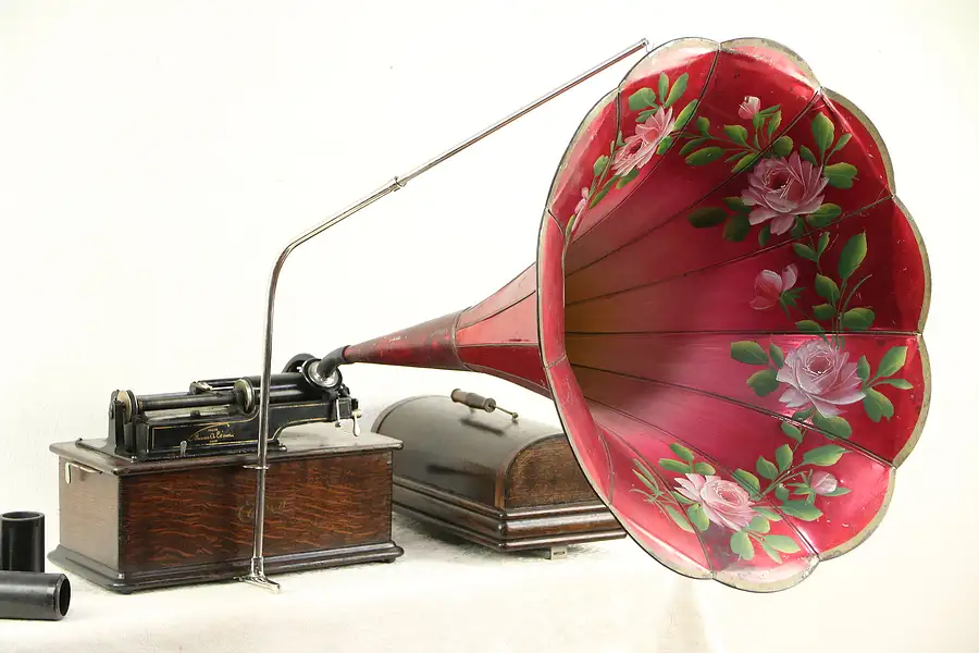 Main image of Edison Antique Oak Phonograph Cylinder Record Player, Morning Glory Horn