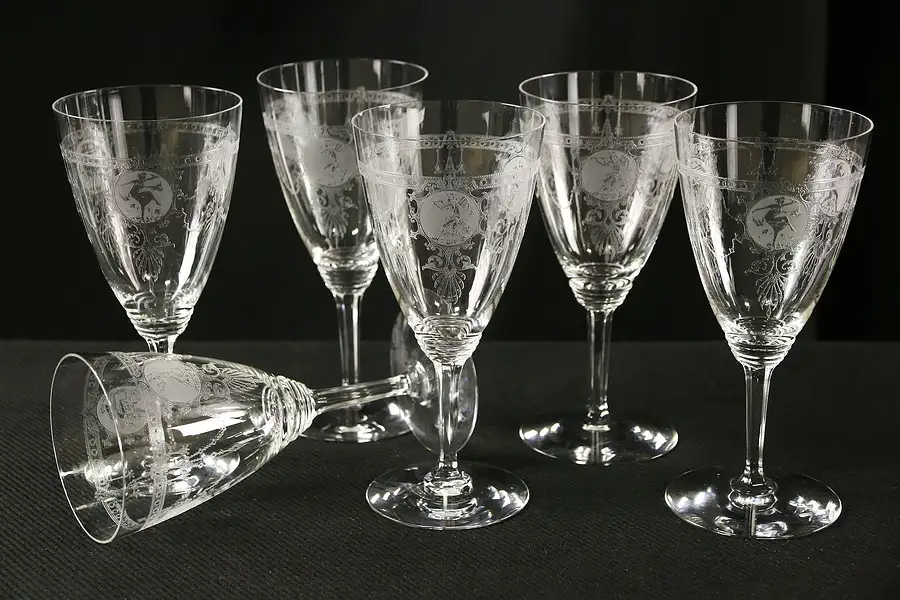 Main image of Heisey Pied Piper 1927 Footed Etched Glass Set of 6 Goblets