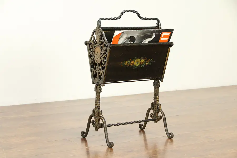 Main image of Wrought Iron Antique Magazine Rack or Music Caddy, Hand Painted