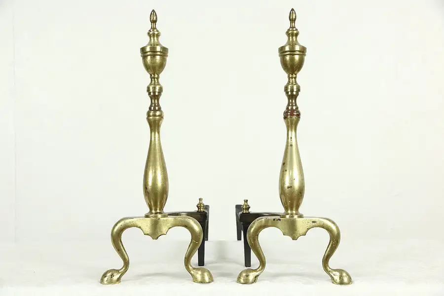 Main image of Pair of Brass Traditional Fireplace Andirons, Iron Log Rests