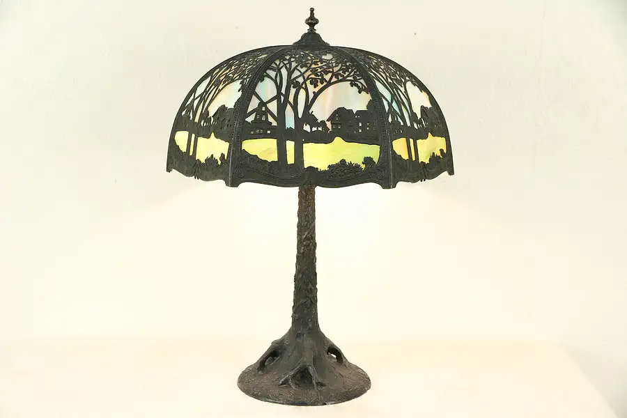 Main image of Tree Base Antique Lamp, Stained Glass Tree & Cottage Shade