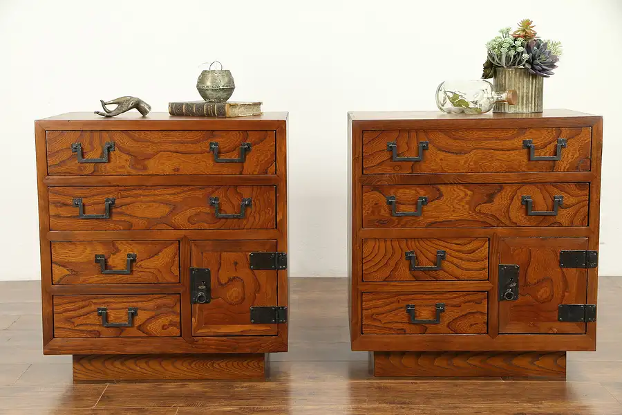 Main image of Pair of Chinese Vintage Nightstands or Lamp Tables, Wrought Iron Hardware