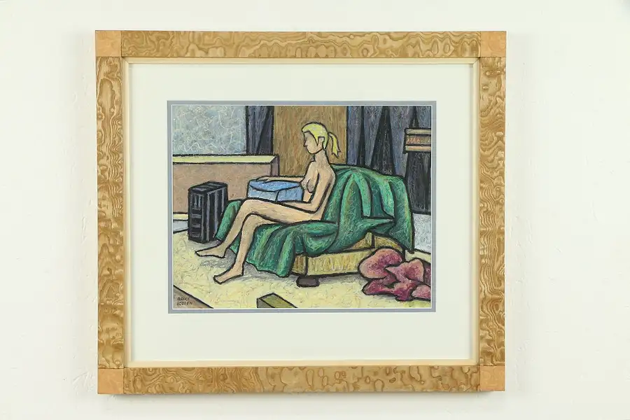 Main image of Nude w/ Red Robe Study, Original Oil Pastel Painting Custom Frame, Bodden