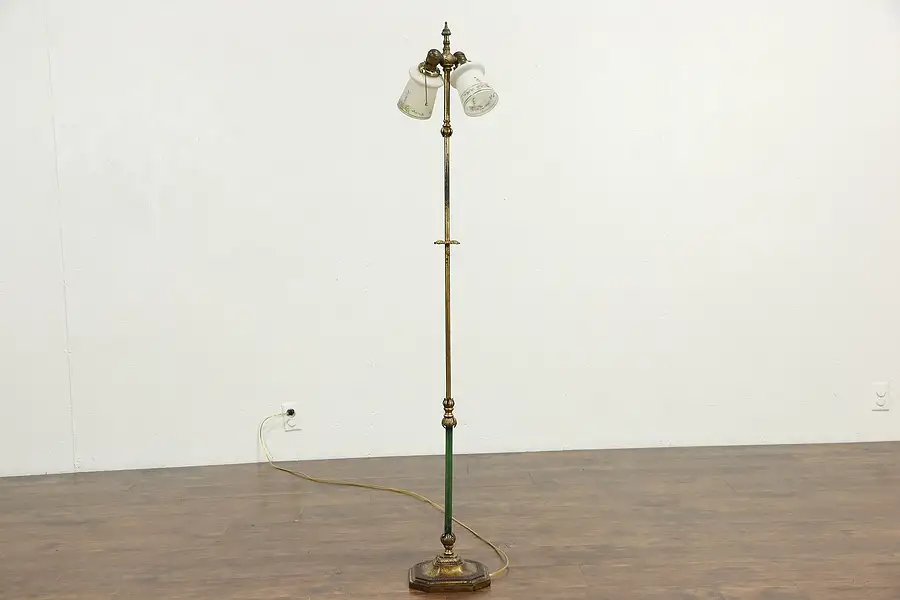 Main image of Floor Lamp, 1920 Antique Gold Leaf Base, Hand Painted Glass Shades