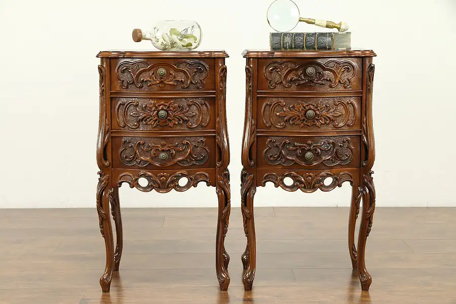 Main image of Pair Antique Carved Walnut French Style Nightstands or Lamp Tables