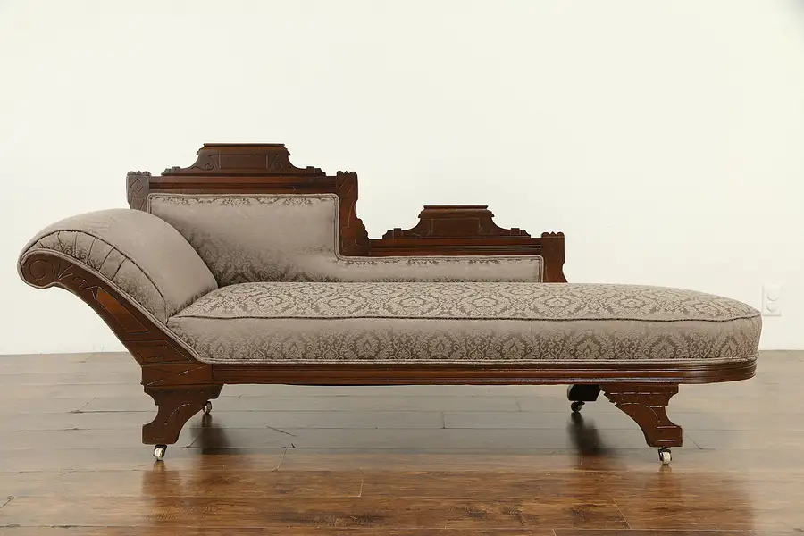 Main image of Victorian Eastlake Antique Fainting Couch, Chaise Lounge, New Upholstery