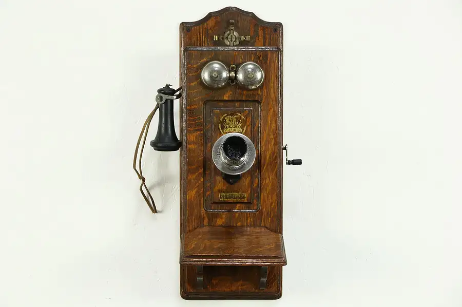 Main image of Swedish American Hercules Signed Telephone, Oak 1900's Antique Wall Phone