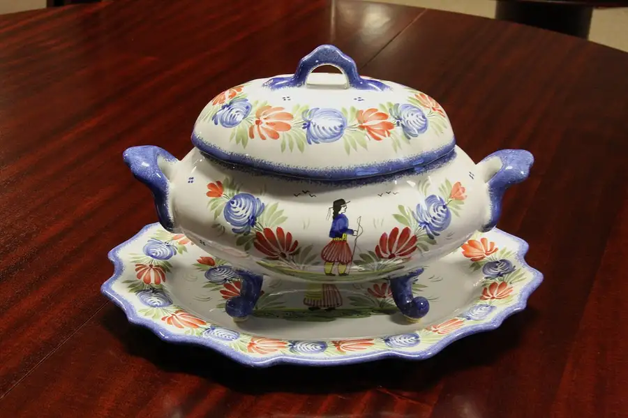 Main image of Hand Painted Quimper Tureen with Platter, France