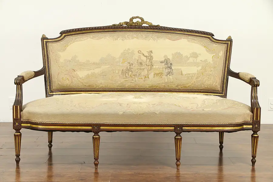 Main image of French Antique Carved Chestnut Sofa, Gold Accents, Worn Aubusson Tapestry