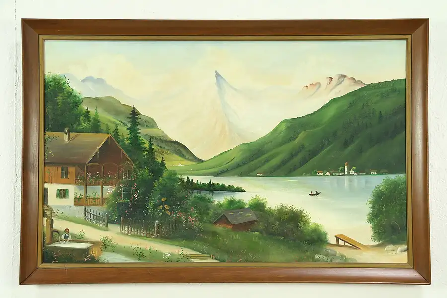 Main image of Bavarian Alps Scene with Chalet, Vintage Original Oil Painting