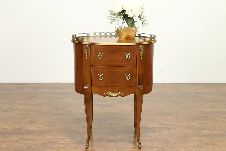 Main image of Oval Vintage Italian Inlaid Marquetry Nightstand, Lamp or End Table