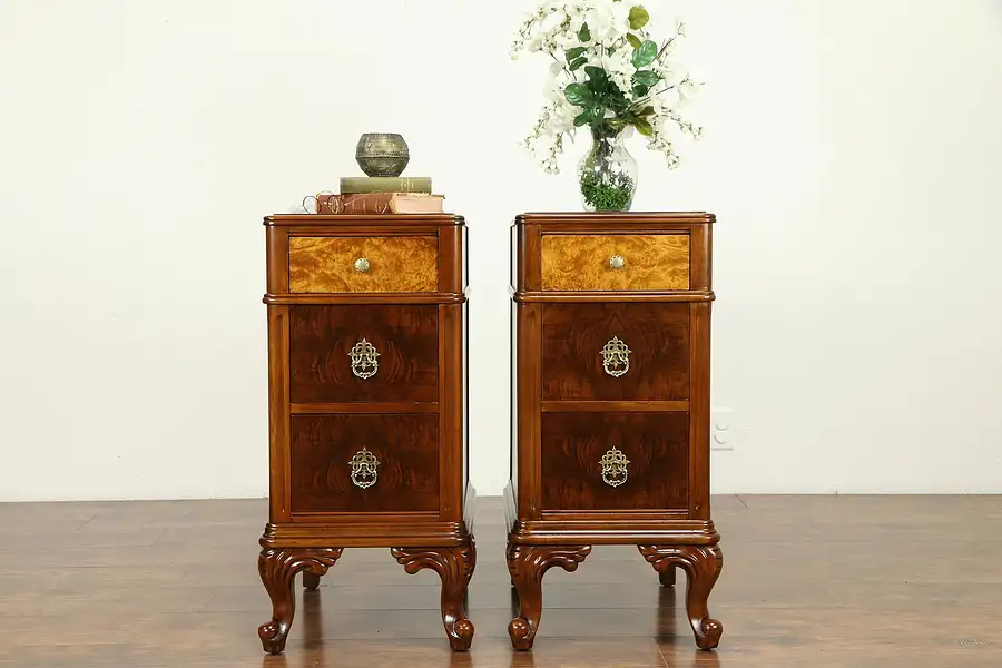 Main image of Pair of Antique Carved Walnut & Burl Nightstands or End Tables, Holland