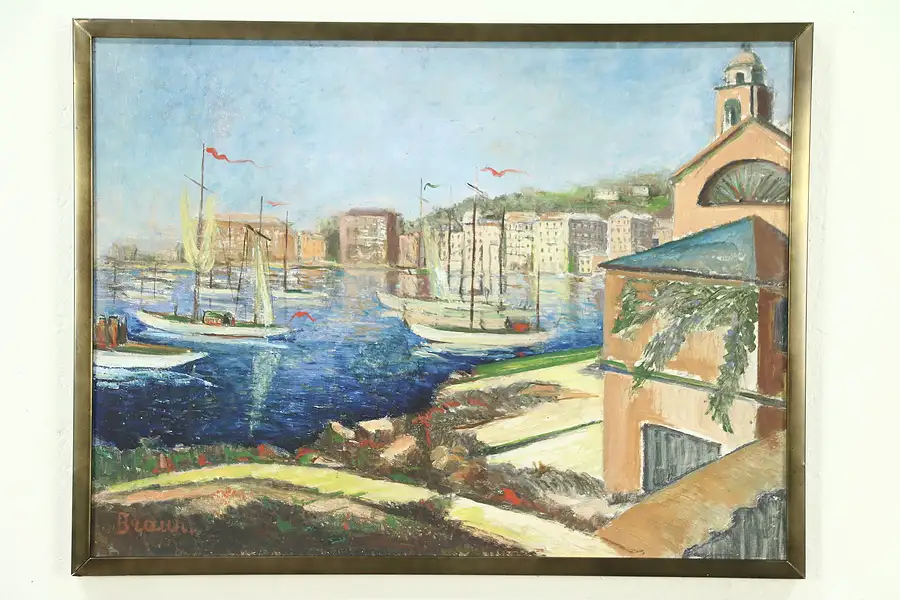 Main image of French Harbor Scene with Sailboats, Original Oil Painting Signed Braun