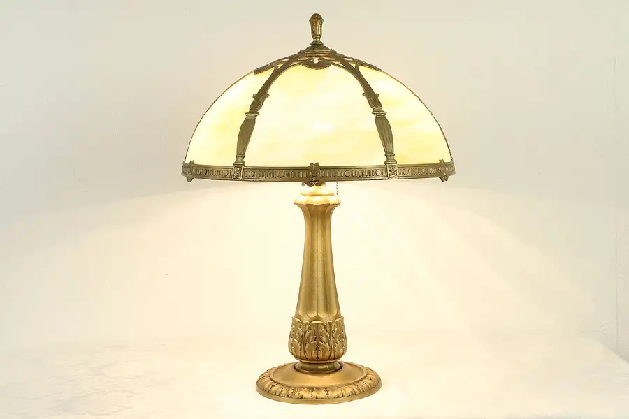 Main image of Curved 6 Panel Stained Glass Shade Antique Lamp, Signed Miller