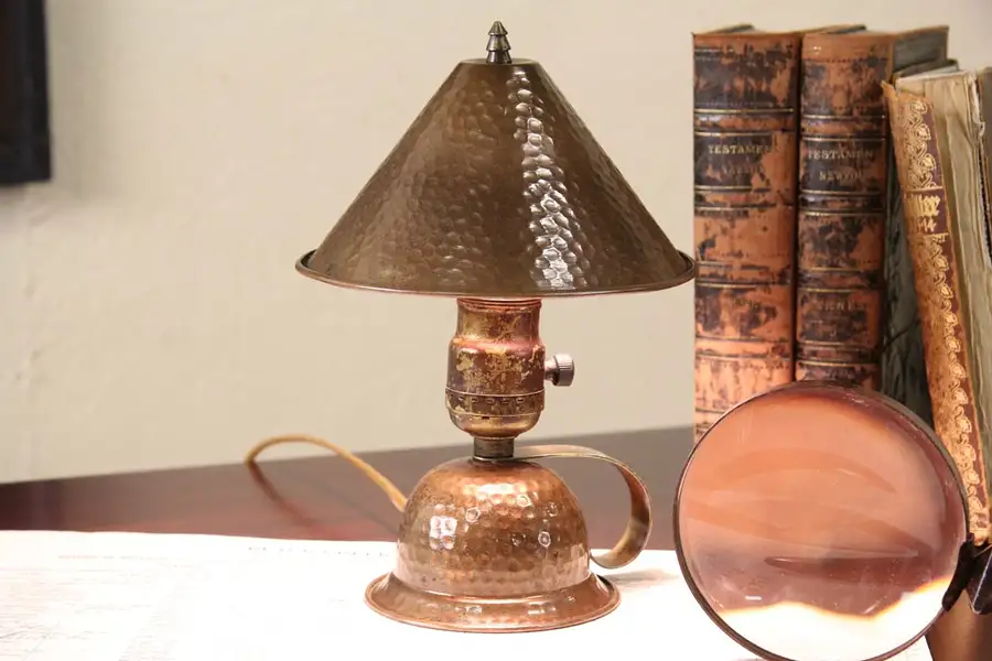 Main image of Arts & Crafts 1910 Antique Hammered Copper Table Lamp