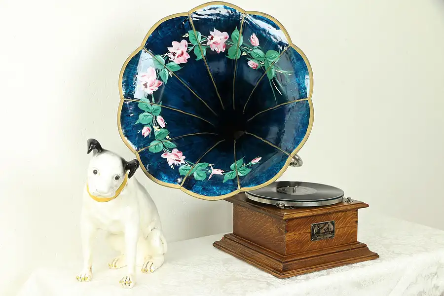 Main image of Oak Antique Victrola Tabletop Victor Phonograph, Morning Glory Horn