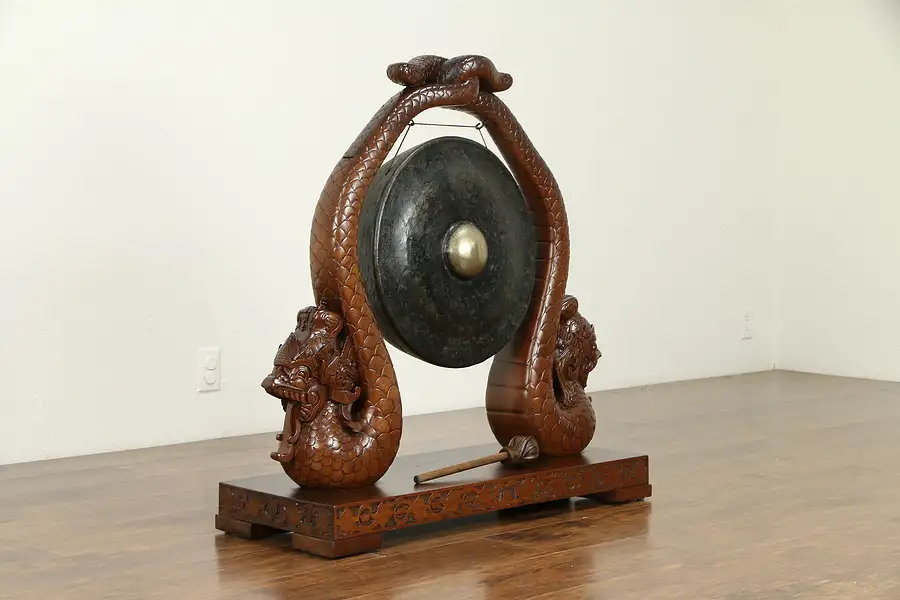 Main image of Chinese Antique Bronze Gong, Mahogany Stand, Hand Carved Serpents