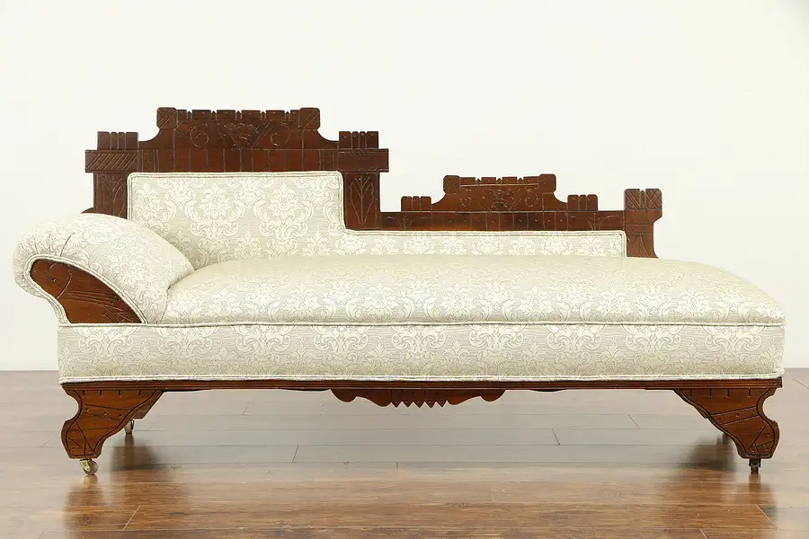 Main image of Victorian Eastlake Antique Walnut Fainting Couch or Chaise New Upholstery