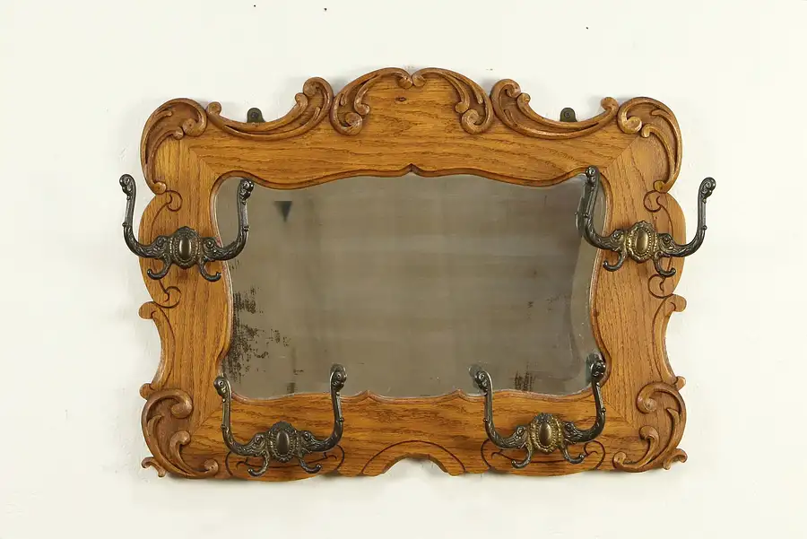 Main image of Victorian Antique Oak Hall Mirror, Coat & Hat Hooks