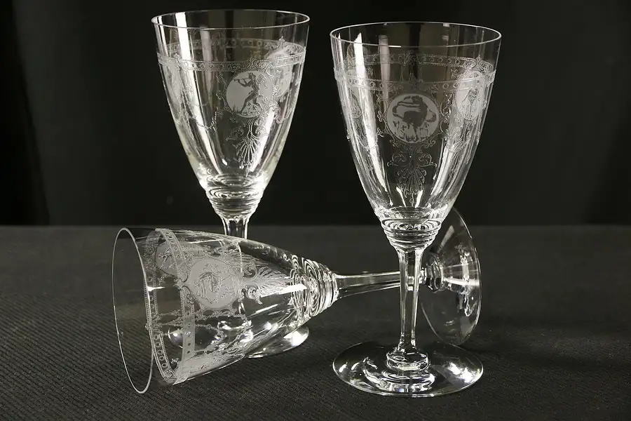 Main image of Heisey Pied Piper 1927 Etched Glass Set of 3 Footed Goblets