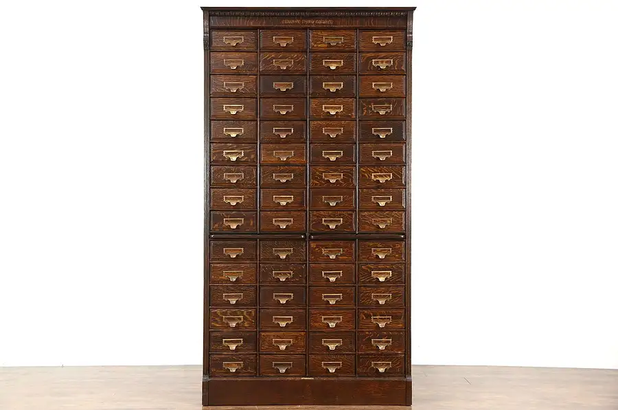 Main image of Oak 60 Drawer Antique 1895 File Cabinet, Signed Shannon & Yawman, Rochester NY